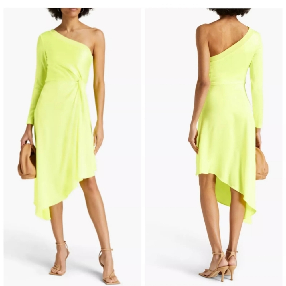 ALICE + OLIVIA Dora One-Shoulder Asymmetrical Yellow Neon Dress Size 6 - Picture 15 of 16